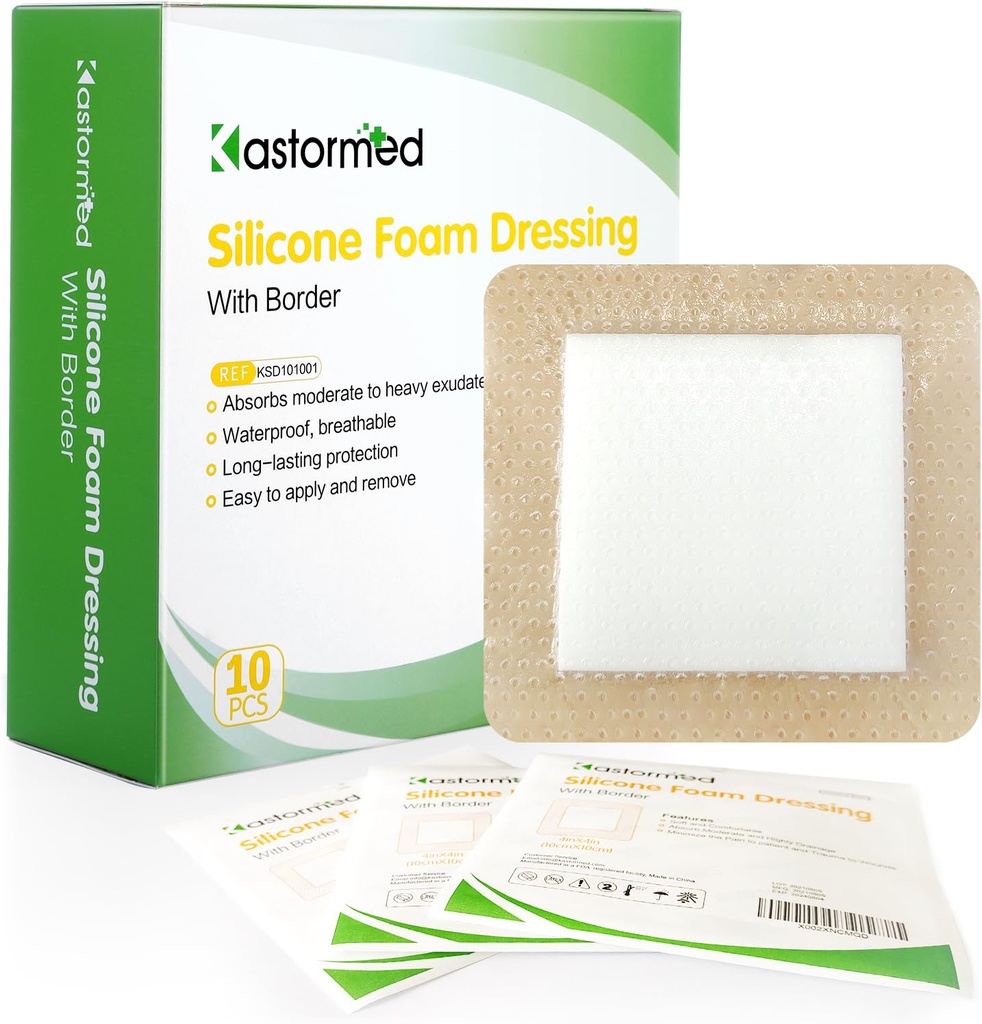 kastormet silikon klestøy kjole med gentle Border 4''x4'' 10 pakke, høy absorbens skum sår Bandage for seng Sore, ben Ulcer, Diabetisk Ulcer
