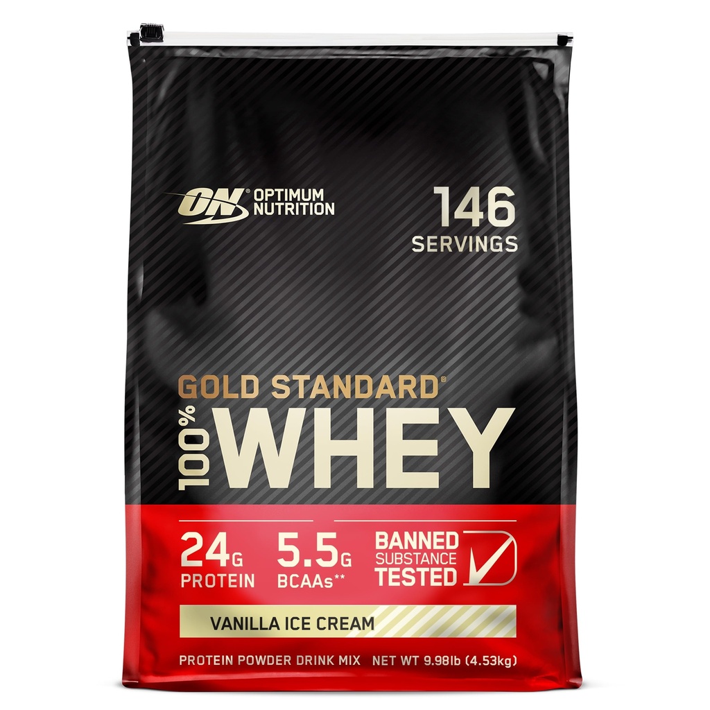 Optimum Ernæring Gull Standard 100% Whey Protein pulver, Vanilla Iskrem, 10 pund (Packing May Vary)