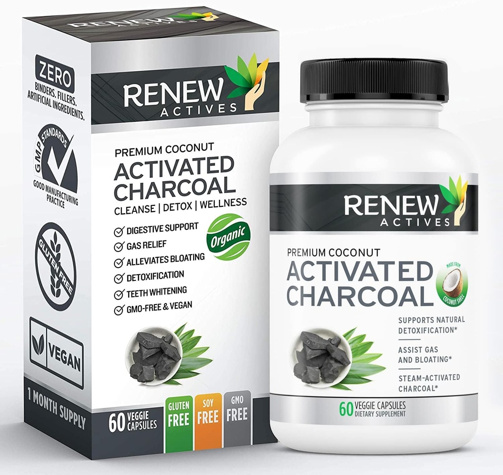 Renovering Actives Aktivert Charcoal Supplement 1100MG per 2 Kapsler - Digestiv støtte og tannbleking formel, Ingen kunstige ingredienser - laget i Canada - 60 Kapsler