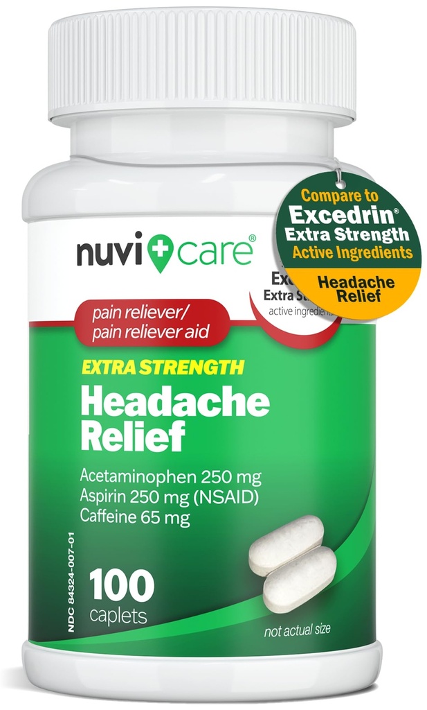 Hovedpine Relief med Acetaminophen 250 mg, Aspirin (NSAID) 250 mg, koffein 65 mg - midlertidig lindring av mindre aksjer og smerter - sammenlikn med Excedren Extra Strength Pain Reliever (100 Caplets)