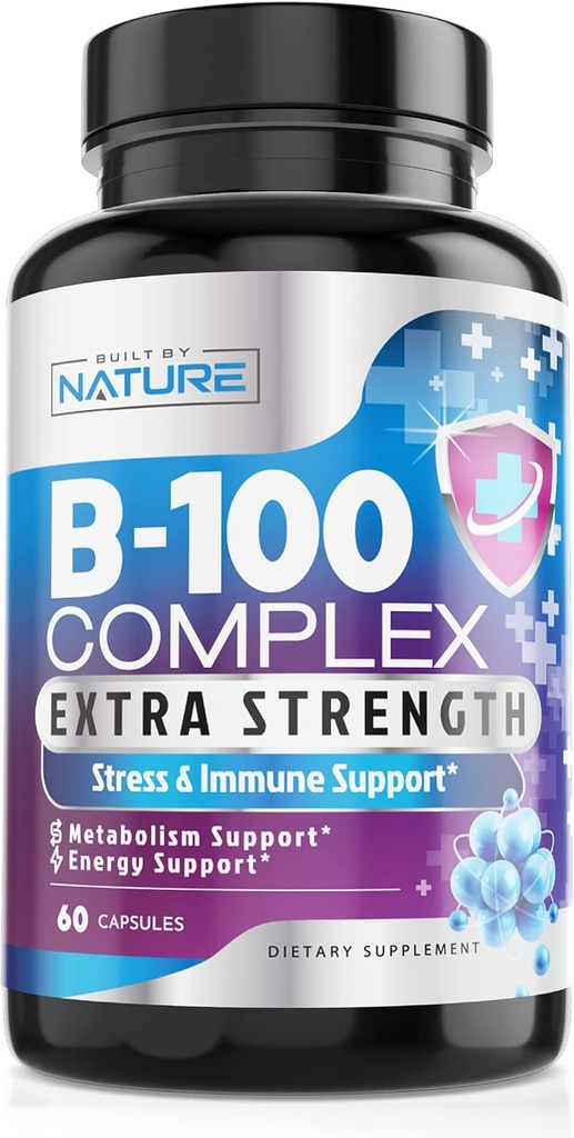 Vitamin B kompleks - Alle B vitaminer B1, B2, B3, B5, B6, B7, B9, B12, Folinsyre, vitamin C - Super B-100 Supplement - Immune, Energi og Metabolisme Support, Vegan, Ikke-GMO, Glutenfri, 60 Kapsler