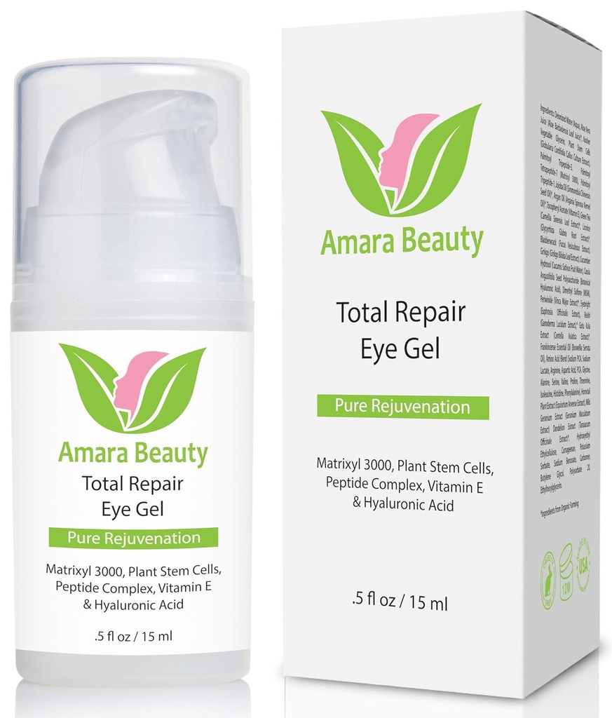 Amara Beauty Eye Cream Gel for mørke sirkler og puffiness med peptider og hyaluronsyre, 0,5 fl oz.