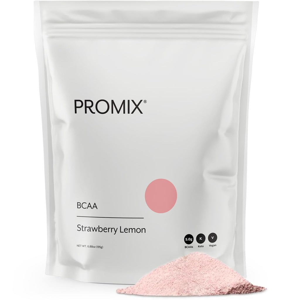 Promix BCAA Post-Workout Energipulver - 5g mikronisert BCAA, sukkerfri, plantebasert, Vegan, keto - Jordbær sitron - 30 serveringer (pakke av 1)