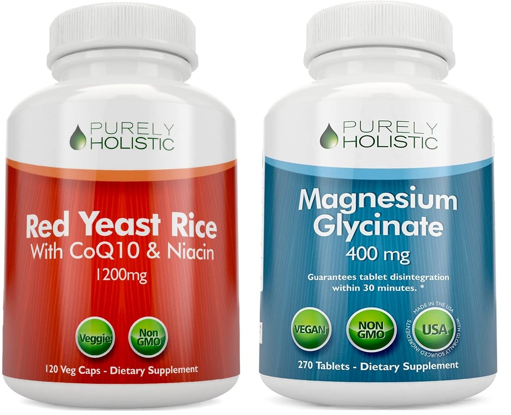 Rent Holistisk Rød Yeast Rice 1200mg med CoQ10 & Niacin + Magnesium Glycinate 400mg - 120 kapsler + 270 tabletter - laget i USA