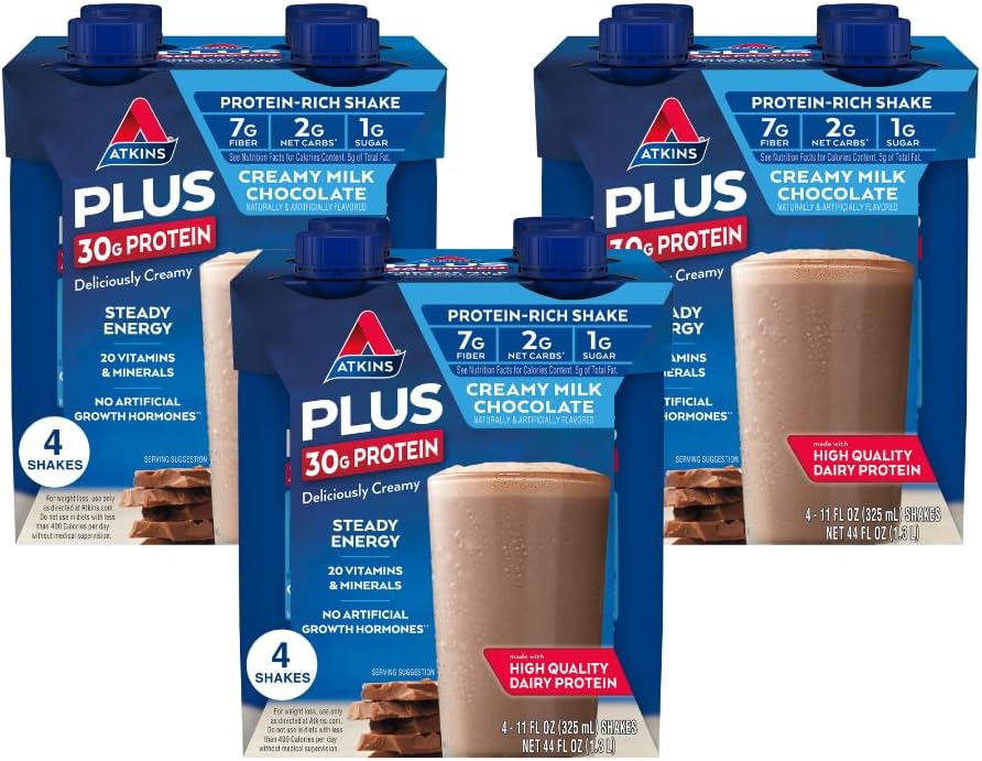 Atkins kremete melk sjokolade PLUS proteinshake, 30g protein, 7g fiber, 2g netto karbohydrat, 1g sukker, ketovennlig, lav karbohydrat, høyproteindrikk, 12 teller