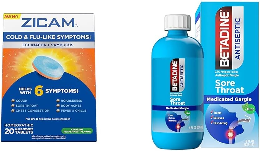 Zicam kalde symptomer lindring med Betadin Sore Throat Gargle, Echinacea & Sambucus Homeopatiske tabletter, 20 greve og 8 FL OZ