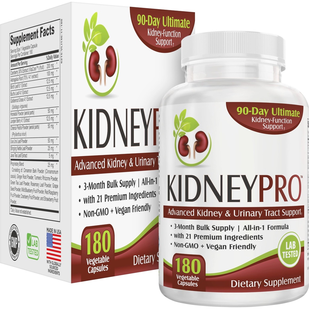 Njure-PRO | 3-måneders forsyning med 21 Njure Helse Supplement | All-in-1 Blande Njure & Urine Tract Support Supplement | 90-dagers bulkforsyning | 180 Kapsler
