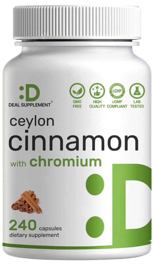 Ceylon kanel med kromium 1000mcg, 240 kapsler | Active Inner Bark Extract, True Sri Lanka kilde | Naturlige kanel kosttilskudd