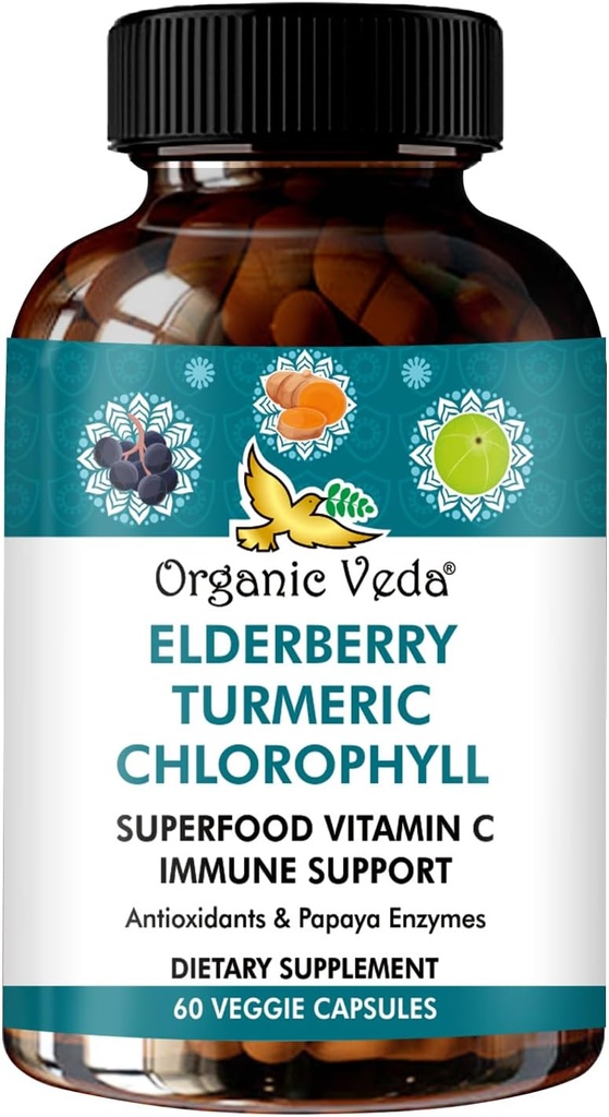 Organic Veda Elderberry Turmeric Klorofyll Immune Support Supplement - Superfoods Antioksidanter, Grønn Vitamin C, Grape Seed Extract, Acerola, Moringa & Papaya Enzymes - 60 Vegan Kapsler