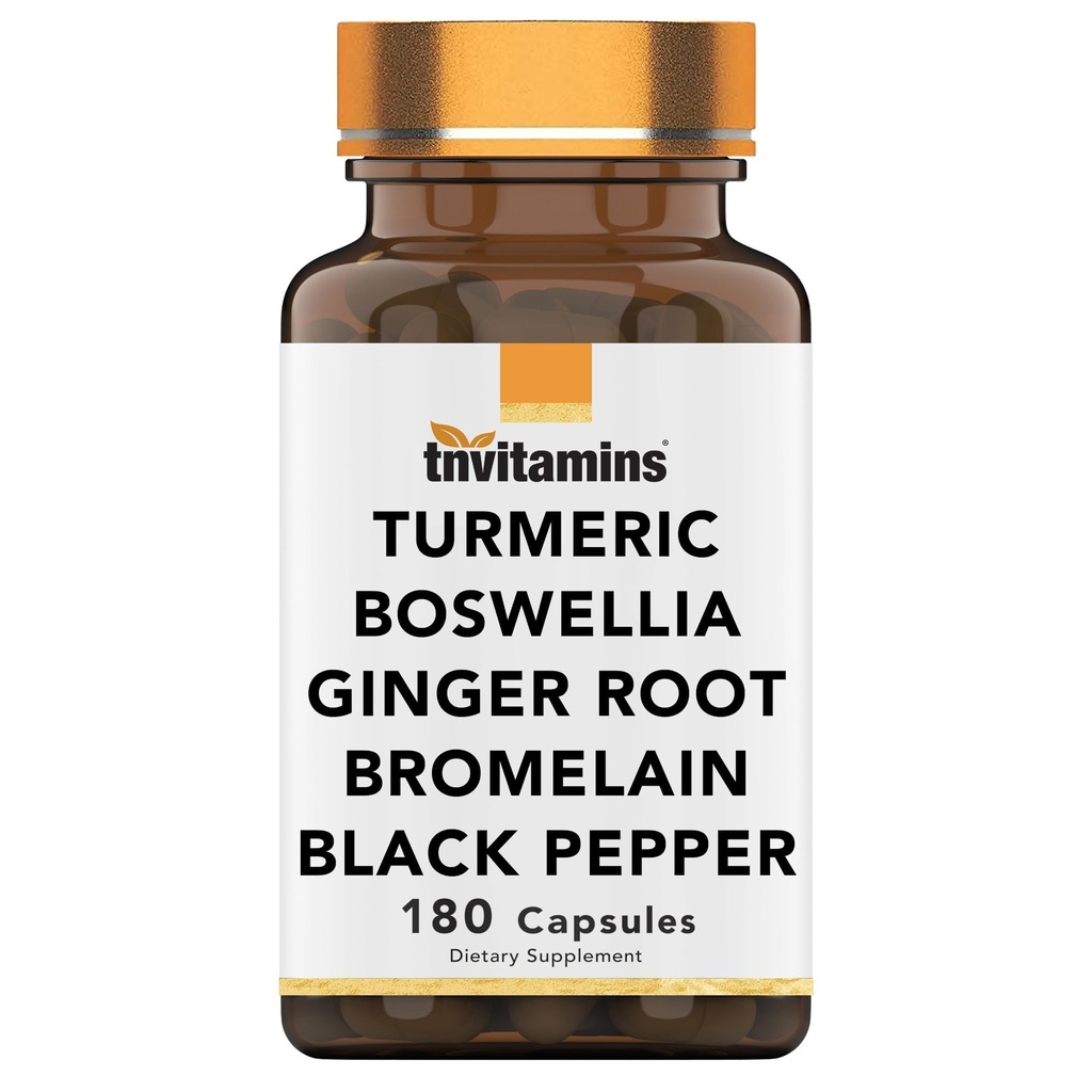Tnvitaminer Turmeric & Boswellia Complex (180 kapsler) med Ginger Root, Bromelain, & Black Pepper ekstrakt | Joint-Ease Formula: Kraftig felles støtte Supplement* | Produsert i USA