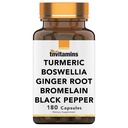 Tnvitaminer Turmeric & Boswellia Complex (180 kapsler) med Ginger Root, Bromelain, & Black Pepper ekstrakt | Joint-Ease Formula: Kraftig felles støtte Supplement* | Produsert i USA