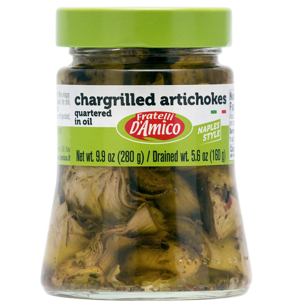Fritidlig D'AMICO - Chargrilled Artichokes, Quartered in Oil, Grilled, Napoli Style, 9.9oz (280g) NON-GMO