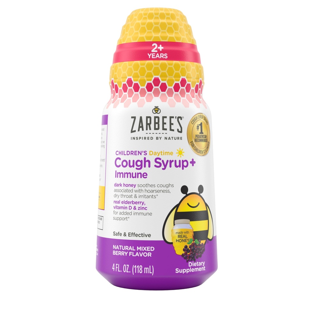 Zarbees barnedag hunning Cough Syrup + Immune for barn 2+, Cough Syrup med Soothing Dark Honning, Ekte Elderberry, Vitamin D & Zink, Drug & alkohol-fri, Blandet Berry, 4 oz oz