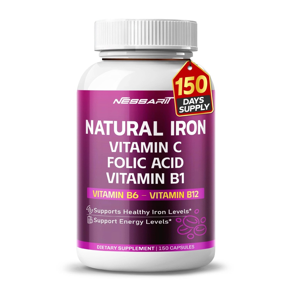 Organisk jern høy potens med vitamin C, folsyre - høyabsorpsjon formel vitamin B1, vitamin B6, vitamin B12 - støtte blodbygging - 150 tall - laget og testet i USA