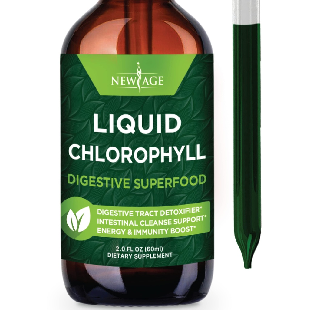 NEW AGE Klorophyll flytende dråper - Naturlig konsentrat - Energiforsterkning, Digestion og immunsystem Støtter, Intern Deodorant, Leverfunksjon - (2 Fl Oz (Pack of 1))