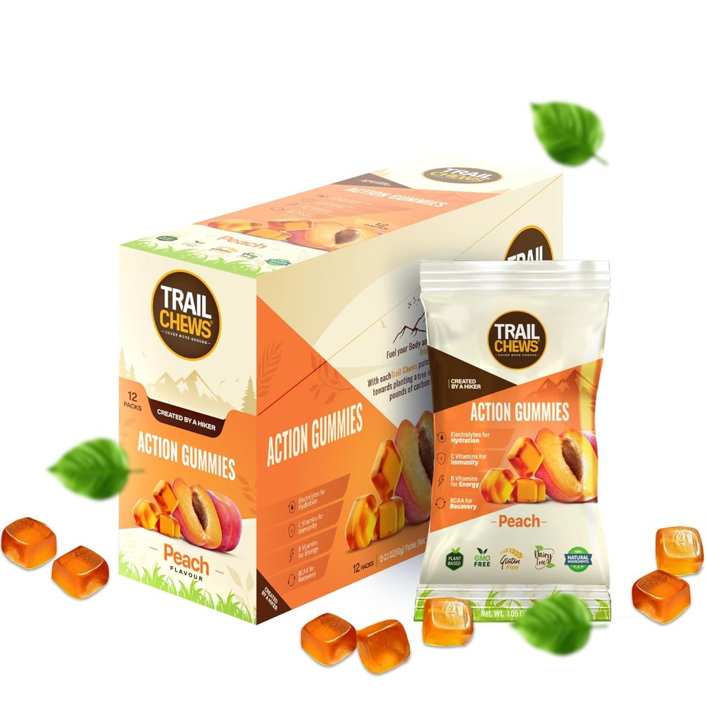– Peach Flavor – 4-i-1 Energi Gummies for energi, Hydration, immunitet, gjenoppretting. Øker utholdenhet og ytelse. Plantebasert og glutenfri. 12 poser, 10 gummier hver.