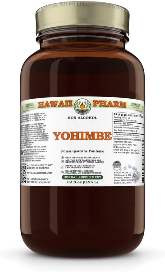 Yohimbe (Pausinystalia Yohimbe) Tørr Bark Glycerite, laget på Hawaii, Alt naturlig, Vegansk, Lab testet alkohol-fri flytende ekstrakt - 32 fl.oz