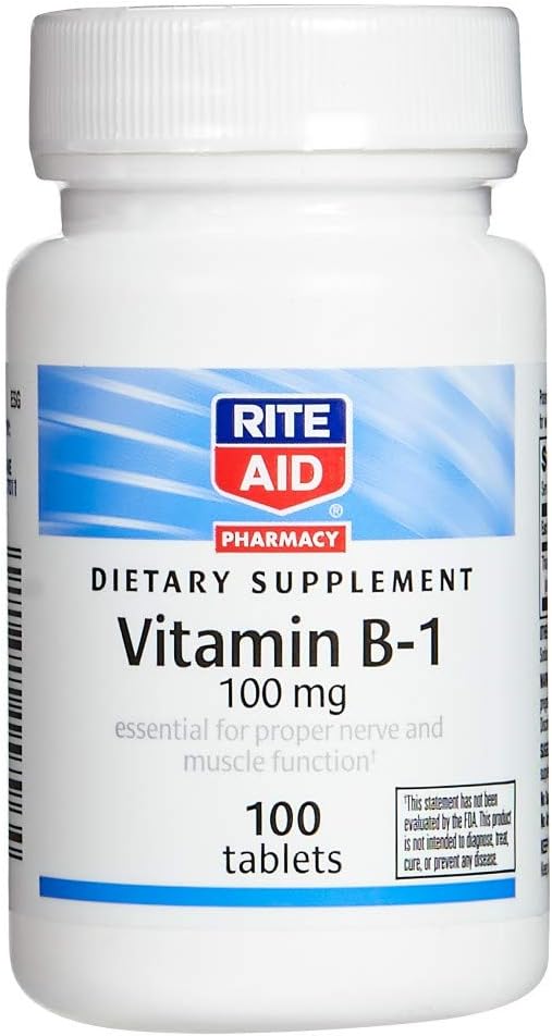 Rite Aid Vitamin B-1 (Thiamin), 100 mg - 100 tabletter | essensielt for riktig nerve og muskelfunksjon | Nerve og muskel støtte | Vitamin B1 | B1 vitamin | Thiamin B1 Supplement | Thiamin B1