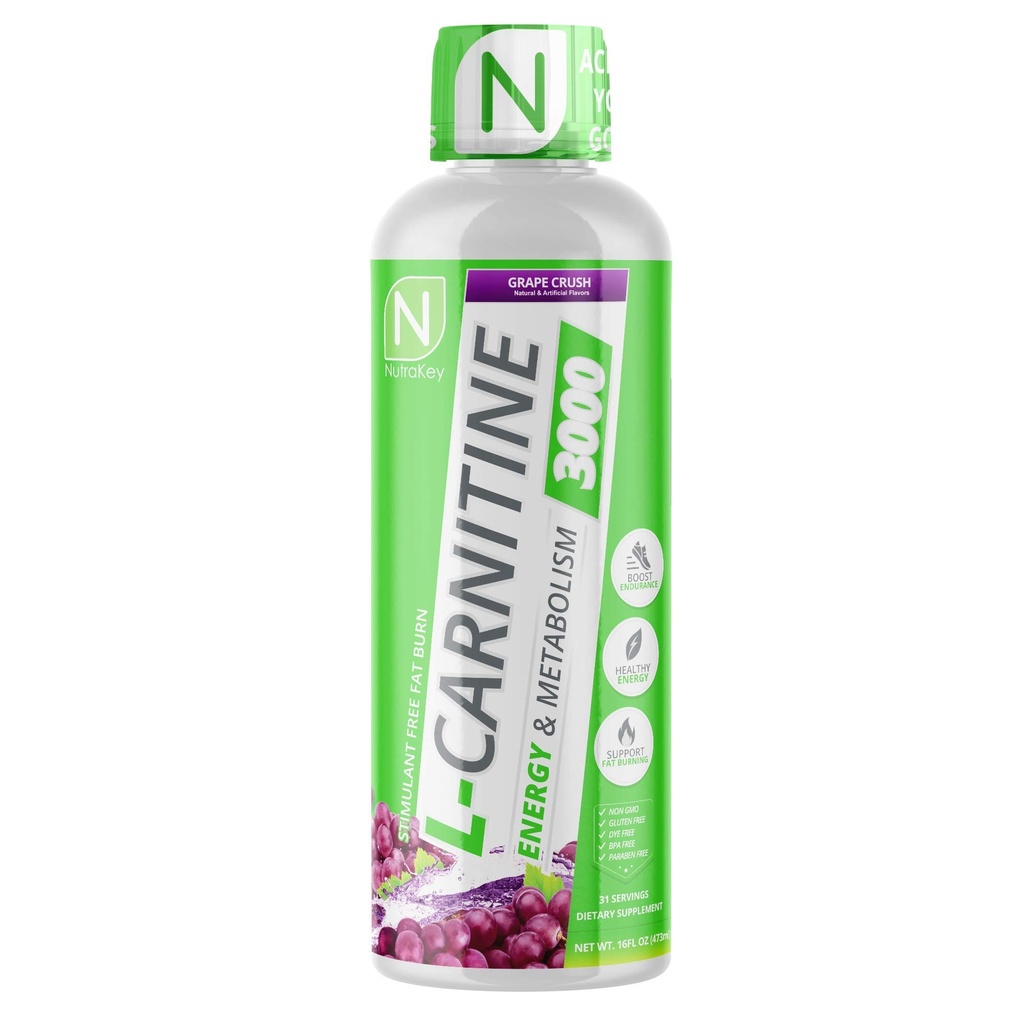 NutraKey L-karnitin 3000mg, Ingen sukker, Glutenfri, bli til drivstoff, (Grape Crush) 31 Serveringer