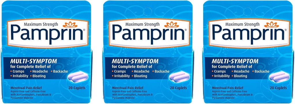 Pamprin Multi-Symptom Formula, med Acetaminophen, Menstruell Periode Symptomer Relief, 20 Caplets (pakke på 3)