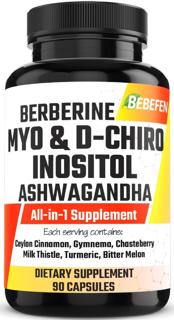 Myo-Inositol & D-Chiro Inositol kapsler med Ashwagandha, Berberin, kanel, Gymnema, Chasteberry, Melke Thistle, Turmeric, Bitter Melon - 90 Kapsler