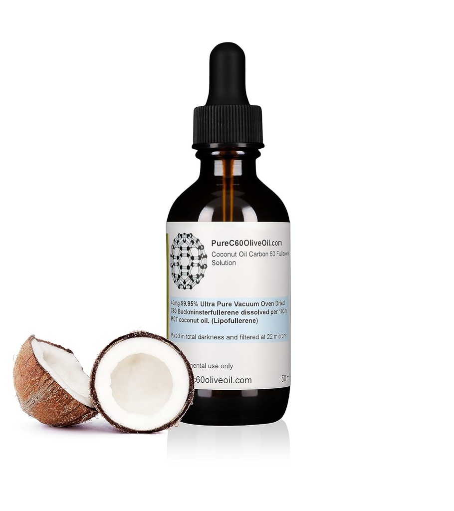 PureC60OliveOil C60 Organic MCT Coconut Oil 50ml / 1,7 Fl Oz - 99,95% Carbon 60 løsningsmiddel Gratis 20 mg - Amber Glassflaske - Mat Grade - Carbon 60 MCT Coconut Olje - fra den ledende globale produsenten