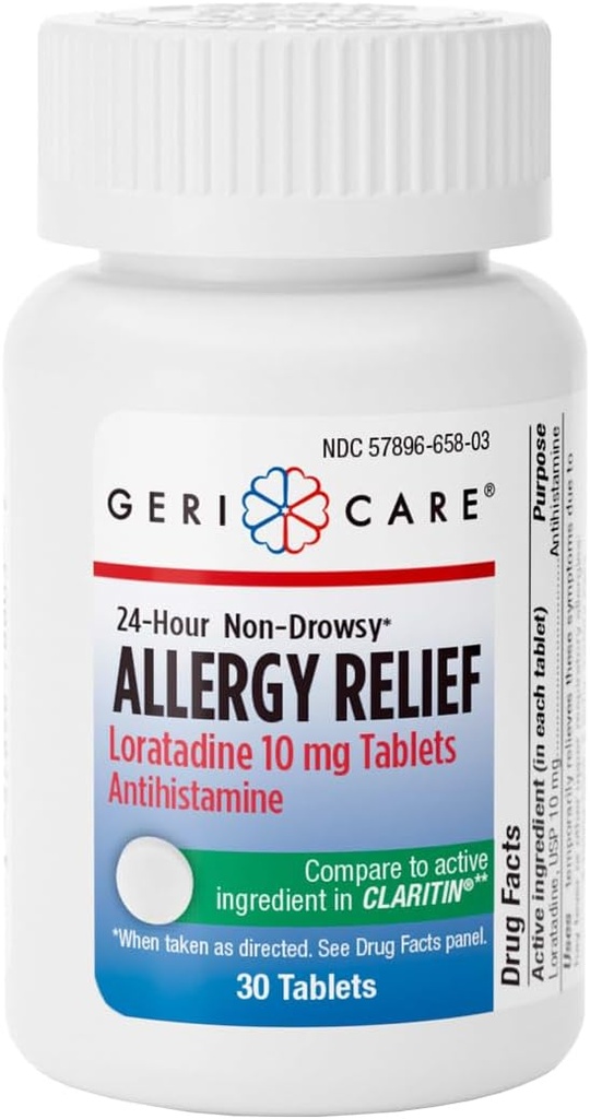 GeriCare Loratadin 10mg Ikke-Drowsy 24 Hour Allergi Relief, Antihistamin Allergi/Sinus Support Tabletter for Runny Nese, Sneezing, Itchy, 30 greve, 1 pakke.