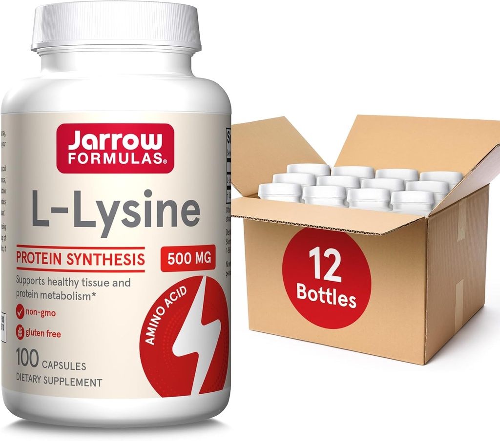 Jarrow Formler L-Lysine 500 mg - 100 kapsler - essensiell aminosyre for proteinmetabolisme - kosttilskudd - opptil 100 serveringer (pakke på 12)