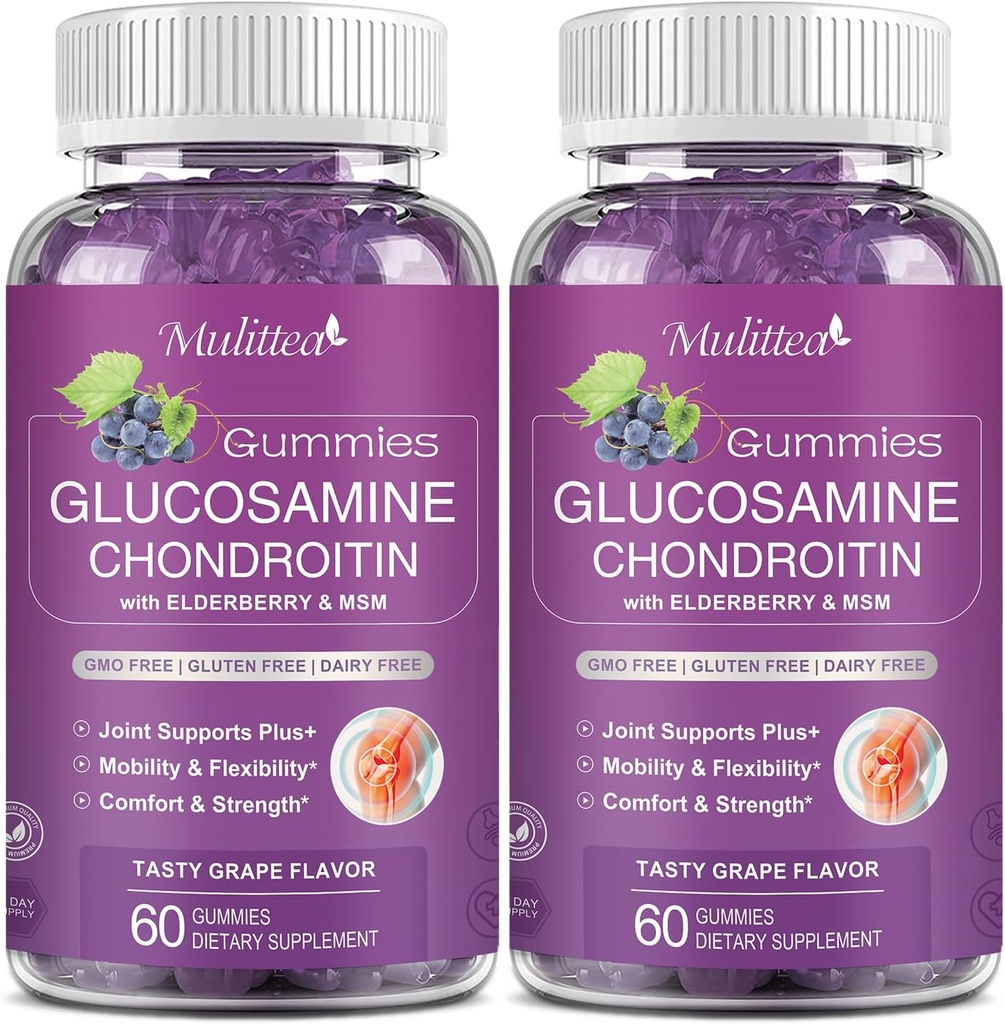 Mulitea Glukosamine Chondroitin Gummies - Ekstra styrke felles støtte Supplement med MSM & Elderberry for naturlig felles, antioksidant immunstøtte for voksne, menn og kvinner-sugar-fri (2 pakke)