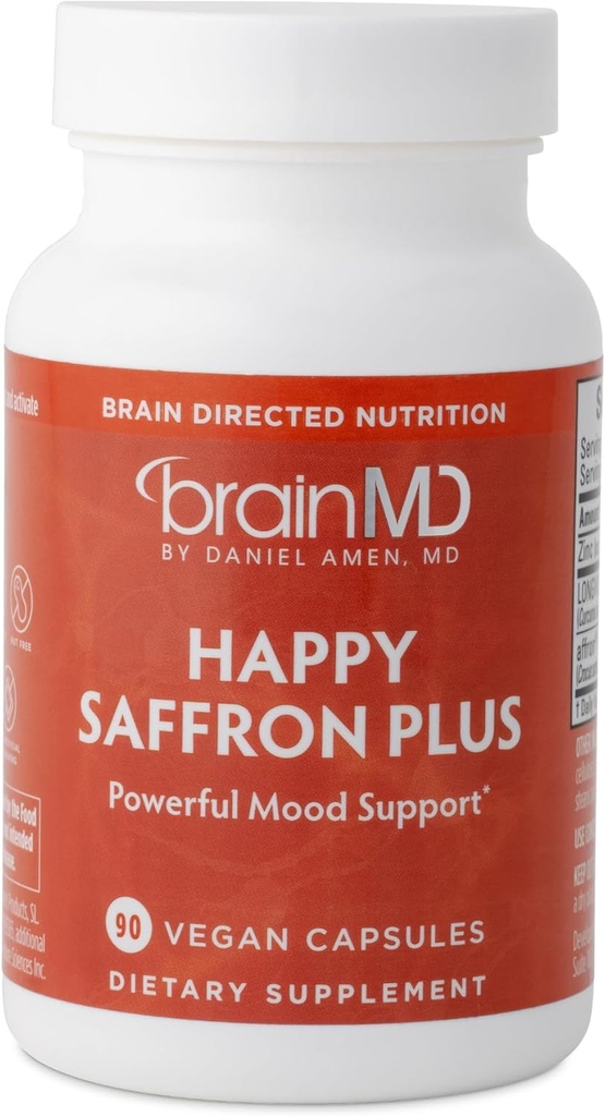Dr Amen BrainMD Happy Saffron Plus - 90 kapsler, pakke med 2 - Med Saffron Blomsterekstrakt, Curcumin & Sink - Vegan, Glutenfri - 60 Total Services