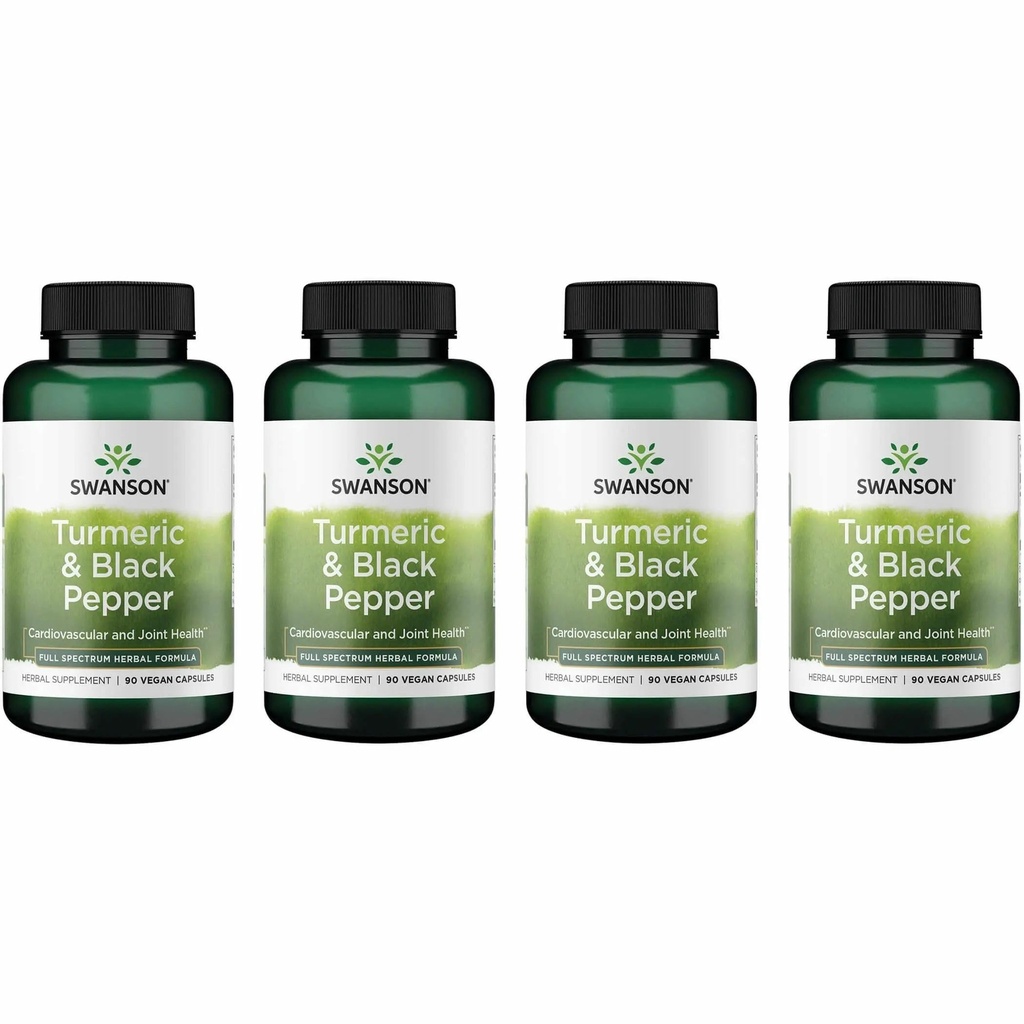 Swanson Premium-Turmeric & Black Pepper - Antioksidant, Digestion og felles støtte - 90 Veg Caps (4 pakke)