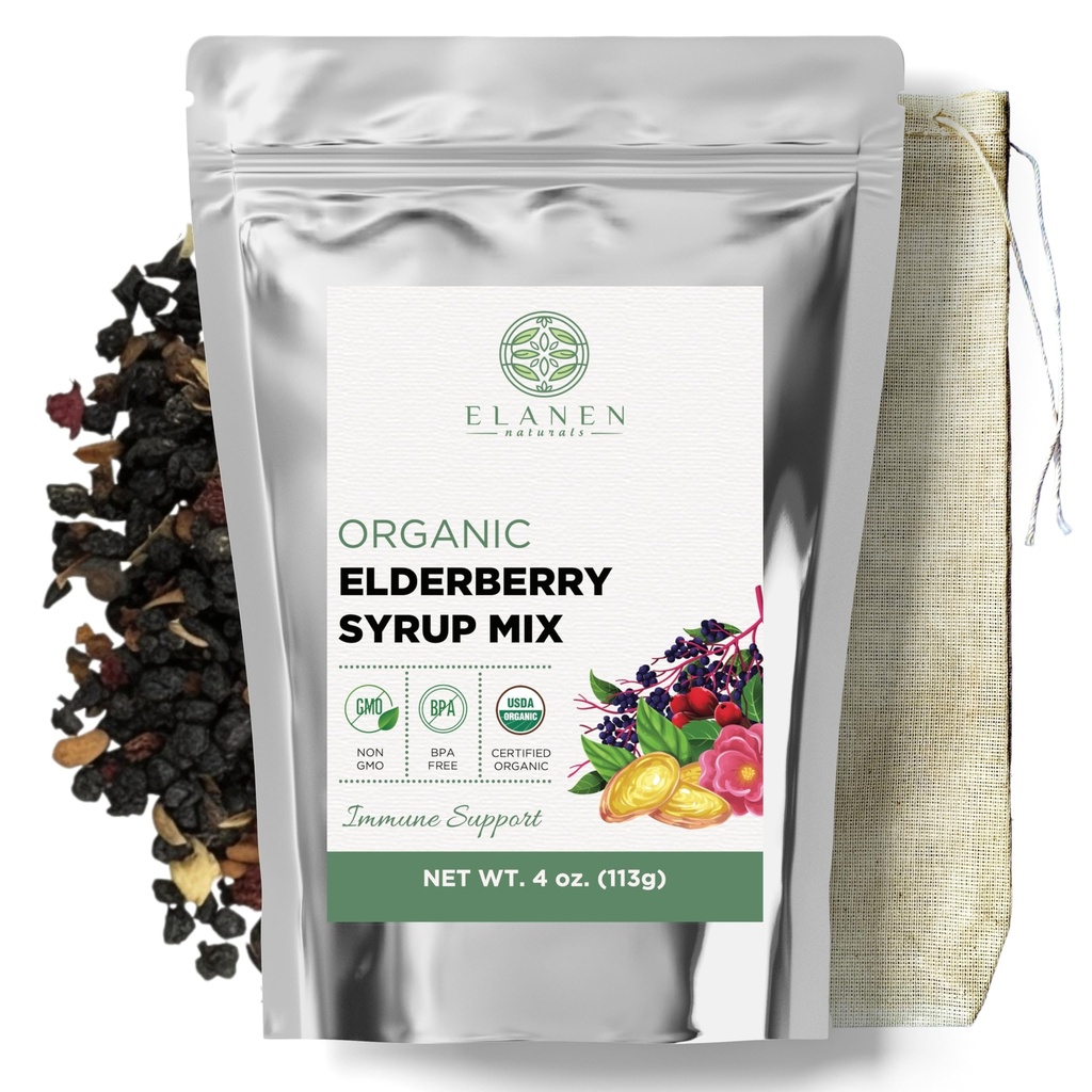 Elanen Naturals Organic Elderberry Syrup Kit, utgjør opp til 24 oz, inneholder naturlig bomull Brew Bag, USDA sertifisert organisk tørket eldrebær og immun støtte urter, bulksett, 4 oz. (113g)