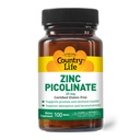 Country Life Zink Picolinate 25 mg - Superior Absorpsjon Sink Supplement for immun støtte, prostata helse og cellulær velvære - sertifisert Glutenfri, Vegan & Halal, Ikke-GMO - 100 Tabletter