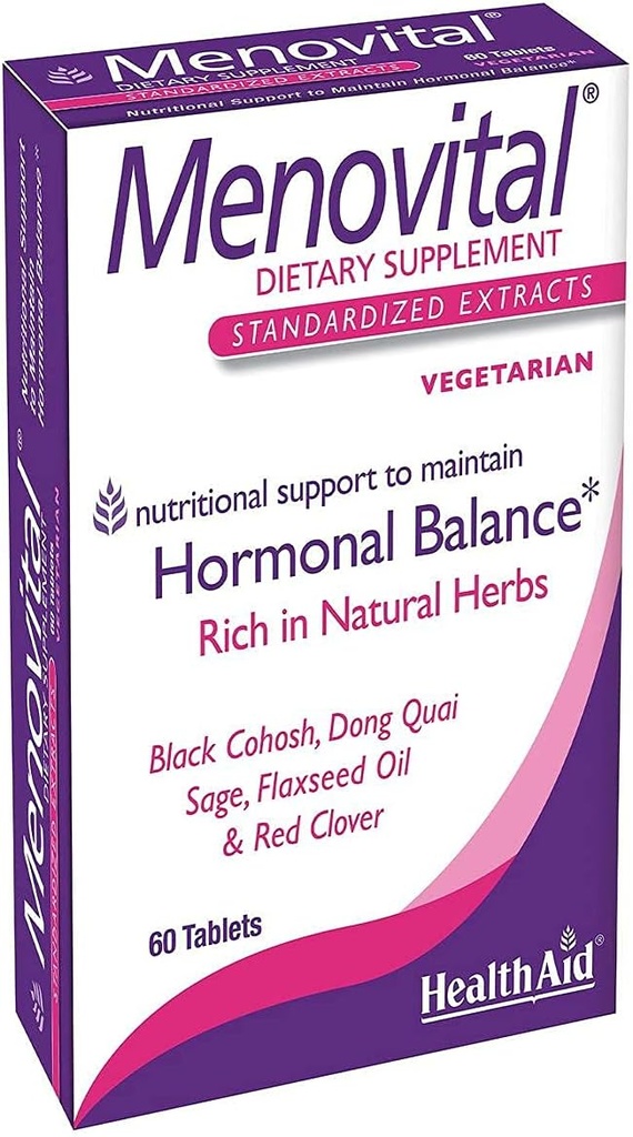 HealthAid Menovital – To ganger daglig Herbal Supplement for Hormonal Balance Support | 60 Vegetariske tabletter | Ikke-GMO & Glutenfri