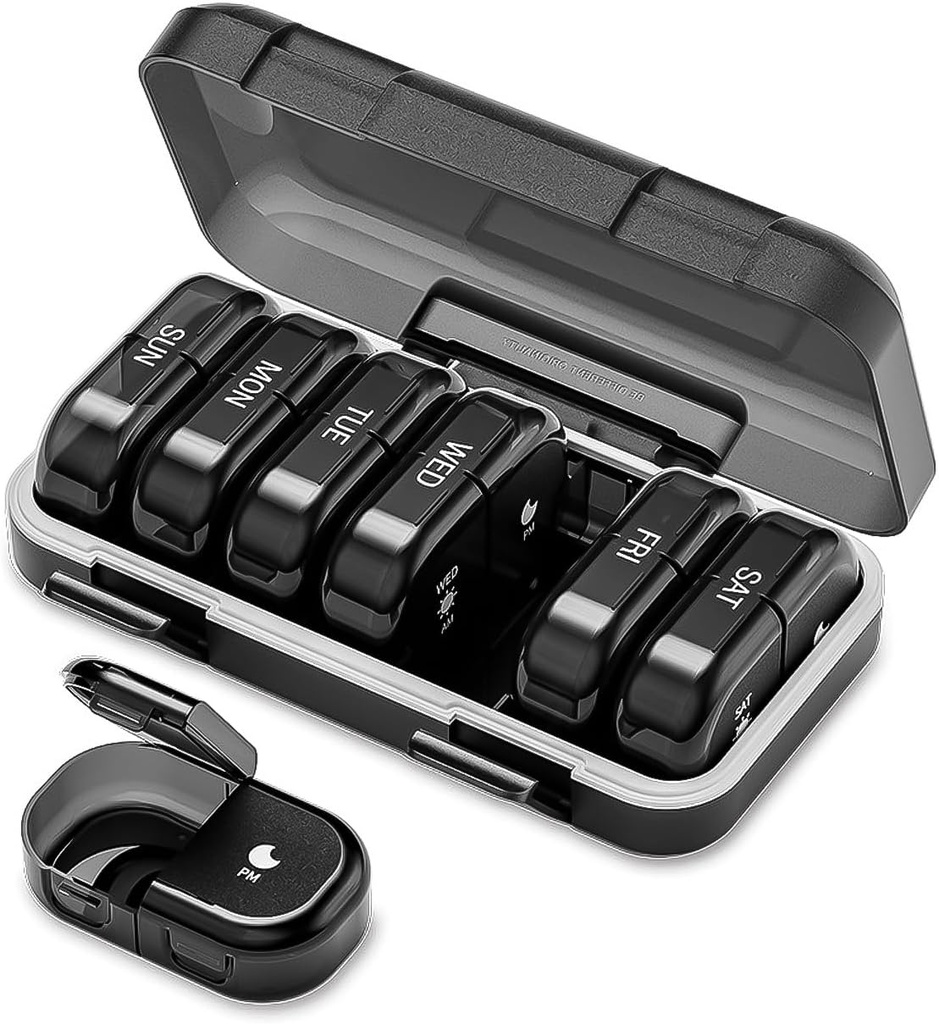 Weekly Pill Organizer 2 ganger om dagen, PM Pill Organizer 7 dager, Portable Pill Case 14 dager, Moisture Proof Large Pill Dispenser, Stor reisepille Box for vitaminer Kosttilskudd (svart)
