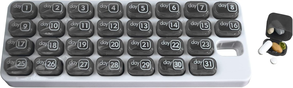 Månedlig Med Arrangør med 31 daglige flyttbare piller for hjem, arbeid, reise, nummererte piller for kosttilskudd og vitaminer (Grey)