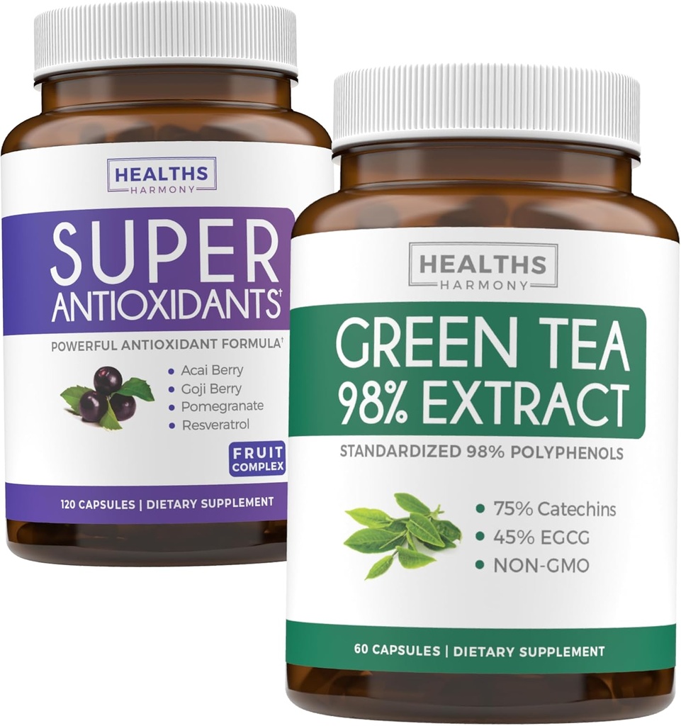 Antioksidanter og grønn teekstrakt (1-måneders forsyning) Antioksidant Grønn Fusion - Super Antioksidanter - Kraftig Super Food Daglig blanding (120 Caps) & Grønn Te Ekstrakt med EGCG Polyphenol Catechins(60 Caps)