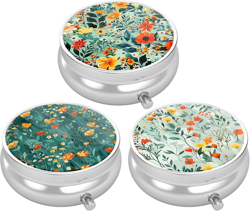 3 Pack Pill Box, Lille Pill Case for Purse & Pocket, Søt reisemedisinorganisator, Bærbar medisin Container Holde vitaminer, Medisinering, Fiskeolje og Supplement, pene blomster