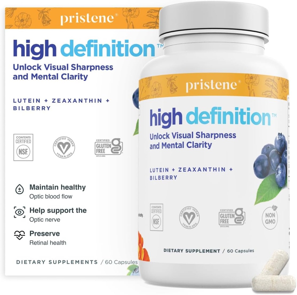 Høy definisjon Hjerne + Øyevitaminer for hukommelse, fokus og konsentrasjon, Lutein & Zeaxanthin (25mg/5mg) for å beskytte øynene dine fra blått lys og skjermer, Bilbær Supplement for å støtte BDNF