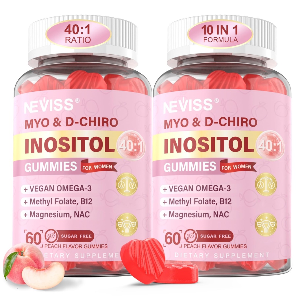 Myo-Inositol & D-Chiro Inositol Gummies for kvinner 2000 mg + 50 mg, 40:1 Ratio Inositol med Vegan Omega-3 + D3, Magnesium Glycinat, Metyl Folat + B12 for kvinnelig helse og velvære, sukkerfri, 120 Cts