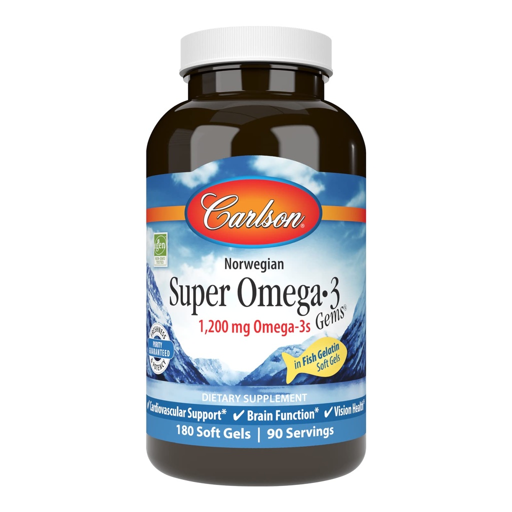 Carlson - Super Omega-3 Gems, 1200 mg Omega-3s, Cardiovaskulær støtte, Brain Function & Vision Health, Norsk, 180 myk geler