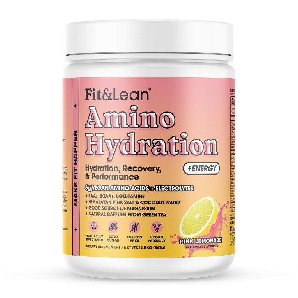 Fit & Lean Amino Hydration Plus Energi, Pre Workout pulver, 6g Vegan Essemtial Aminosyrer, EAA, BCAA, Glutamin, Electrolytes & Natural Koffein, Pink Lemonade, 30 Servere