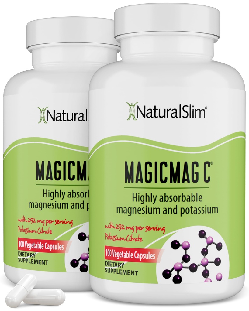 MagicMag C av NaturalSlim, Magnesium Citrat med Kalium for muskelavslapning, søvnkvalitet, nervefunksjon og elektrolyt støtte, daglig magnesium Supplement for menn og kvinner, 100 kapsler 2pk