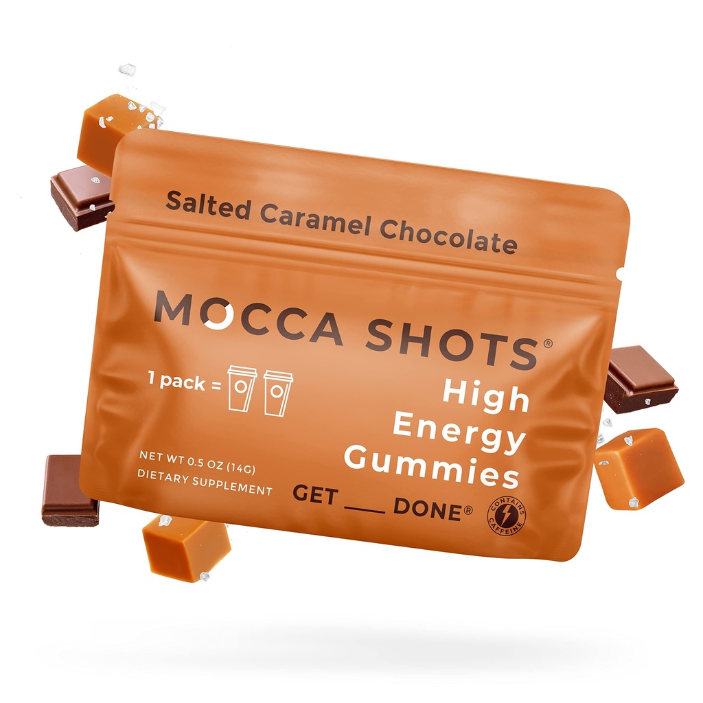 SGC Høyeste konsentrasjon 100 mg koffein per gummy, 2 gummier per pakke, 12-pakke mocca Shots saltet karamell plante-basert nootropic Instant Energy med Ginkgo biloba, teobromin.