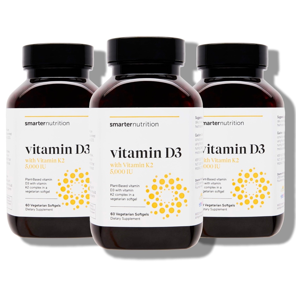 SMARTERNUTRITION Vegansk vitamin D3 5000 IE + Naturlig vitamin K2 1100 mikrogram i organisk kokosnøtt og olivenolje - D3 K2 Supplement for immun- og beinstøtte - 180 Softgels[90 Day Supply]