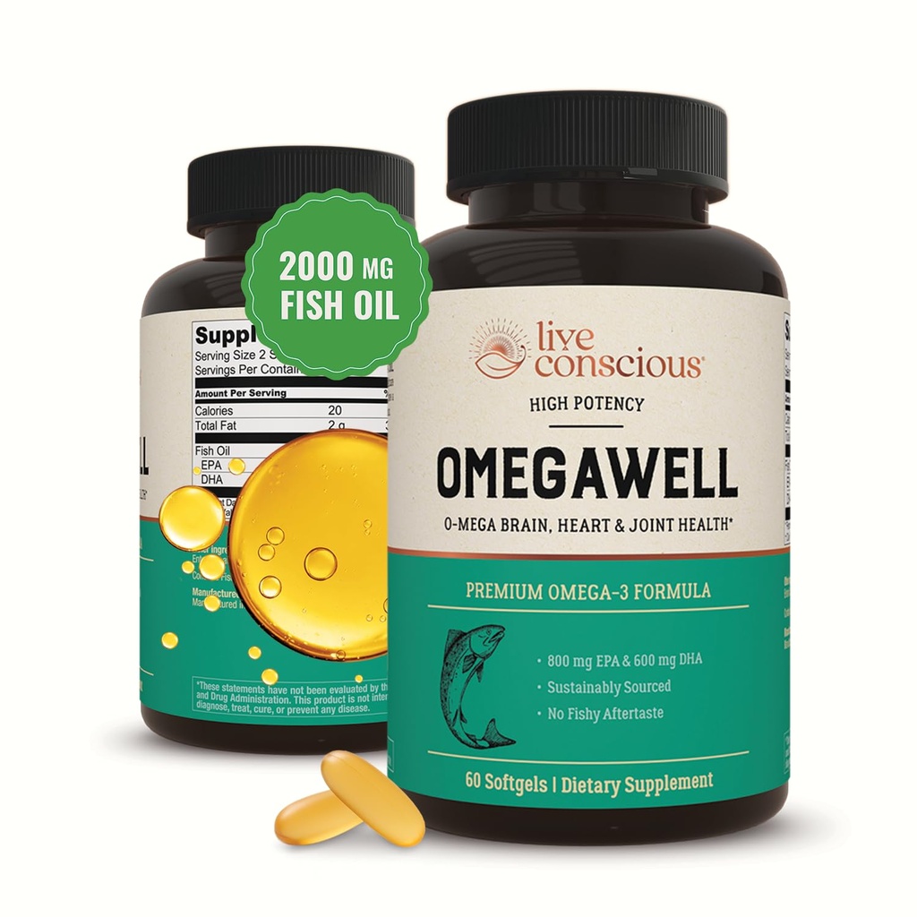 Live Conscious OmegaWell Omega 3 Fiskeolje - 2000mg Kapsler: Hjerte, Hjerne, & Fellessupport - 800 mg EPA 600 mg DHA - Utmerket kilde - Softgels - 30 dagers forsyning