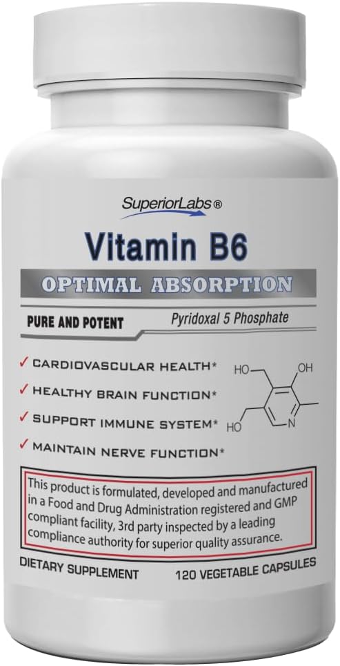 Superior Labs vitamin B6 50 mg, ren ikke-GMO Supplement, høy absorpsjon, støtter immun- og nervesystem, hjernefunksjon, metabolisme og hjertehelse, essensielt for hemoglobinproduksjon, 120 Veg Caps