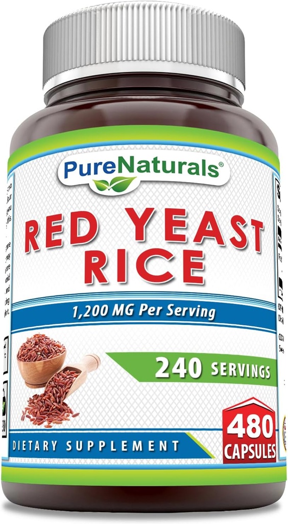 Pure Naturals Rød Yeast Rice 1200 Mg per servering, Kapsler Supplement | Ikke-GMO | Glutenfri | Laget i USA (480 Count)
