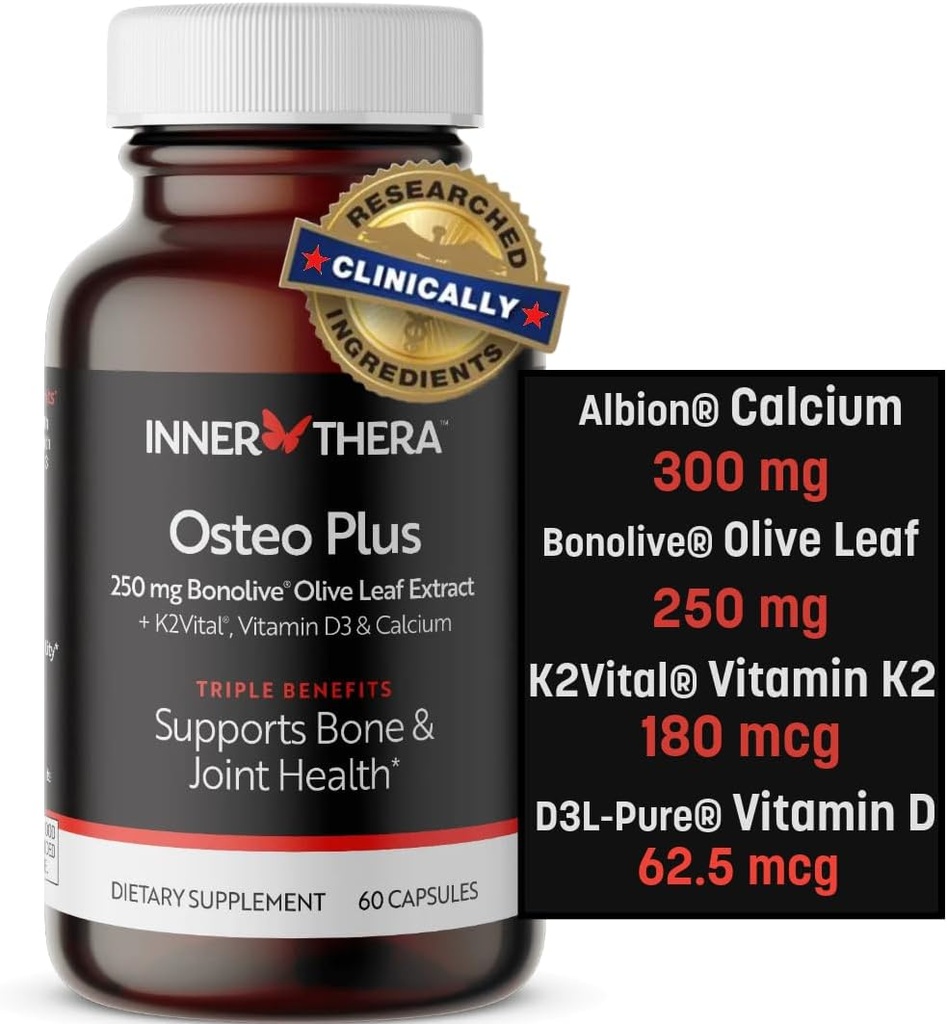 Osteo Plus 4-i-1 Total Supplement - Kalsium med vitamin D3, K2 og Bonolive - Støtter sunn aldring - Glutenfri, Ikke-GMO, Vegan (60 Count)