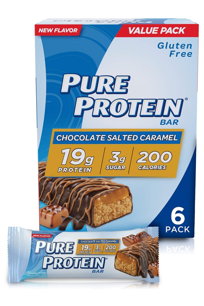 Pure Protein Bars, høy protein, næringsrike snacks for å støtte energi, lav sukker, glutenfri, sjokolade saltet karamell, 1,76oz, 4 pakke